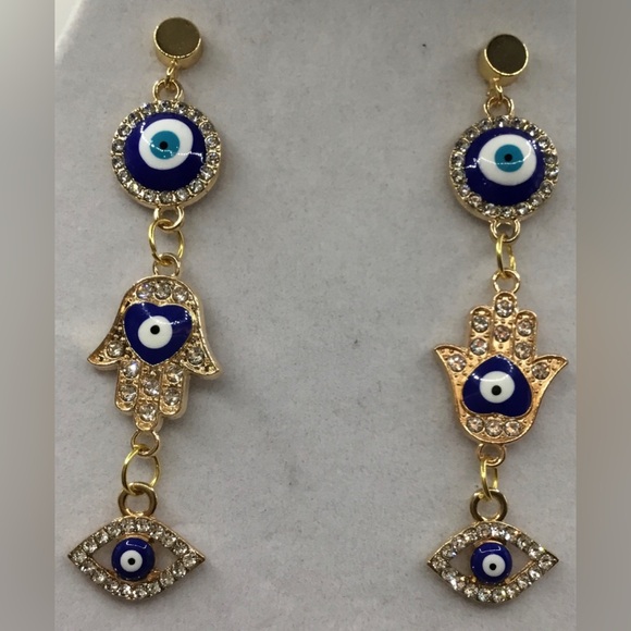 HANDMADE HANSA UP AND DOWN FACING EVIL EYE MISMATCHED RHINESTONE BLUE EARRINGS - Picture 1 of 2